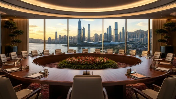 Summit meeting room overlooking Shenzhen's modern skyline
