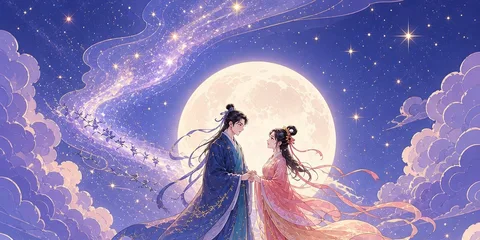 Niulang and Zhinü meeting above a bridge of magpies