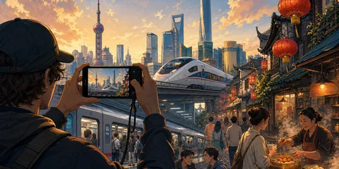 Illustrated travel creator filming China's skyline, trains and street life