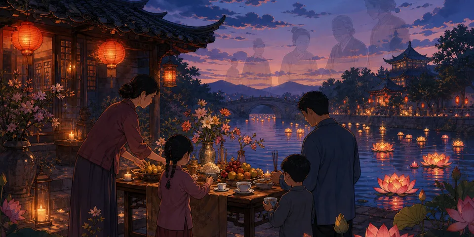 Chinese family preparing Zhongyuan Festival offerings beside glowing river lanterns
