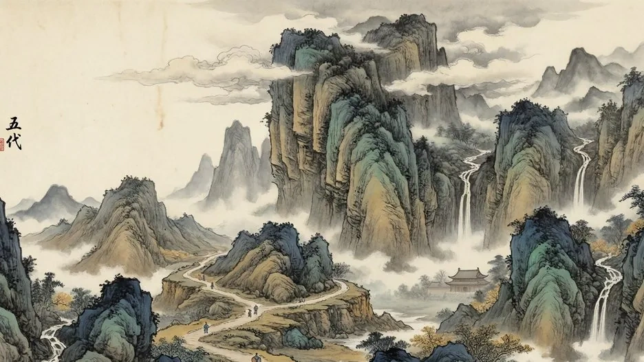 Misty mountains rising above fragmented kingdoms and warring armies, with a solitary painter contemplating the peaks, in the monumental landscape style of the Five Dynasties period