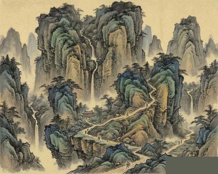 A monumental landscape painting in the Five Dynasties style, with towering peaks, mist-filled valleys, and a tiny human figure dwarfed by the mountains