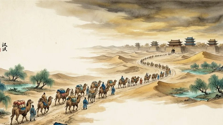 Silk Road camel caravans, a grand imperial palace, and scholars with scrolls, evoking the Han Dynasty, in traditional Chinese ink painting style