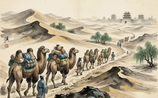 Ink-wash evocation of the Han Dynasty: a Silk Road camel caravan