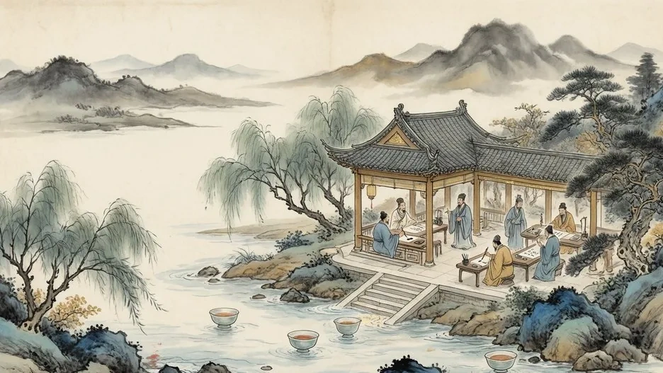 A scholar writing flowing calligraphy beside a winding stream among orchids and willows, evoking the refined literati culture of the Jin Dynasty, in traditional Chinese ink painting style