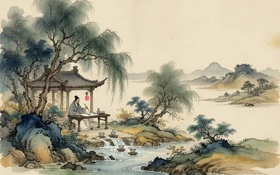 Ink-wash evocation of the Jin Dynasty: a scholar practicing calligraphy by a stream