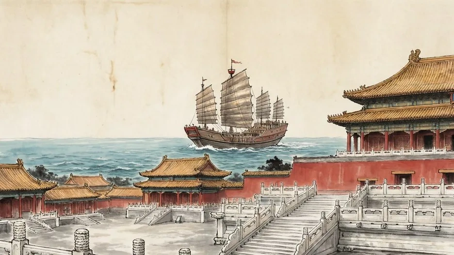The Forbidden City and a great treasure ship at sea, evoking the Ming Dynasty, in traditional Chinese ink painting style