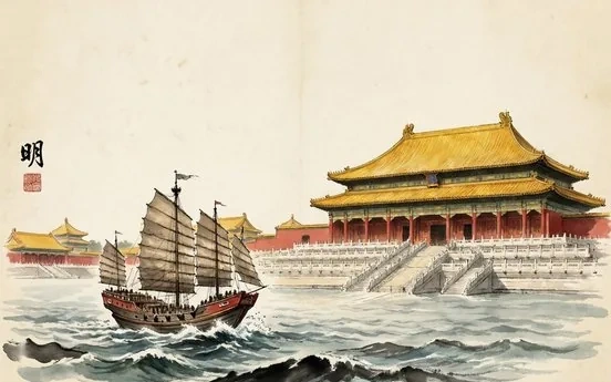Ink-wash evocation of the Ming Dynasty: the Forbidden City and a treasure ship at sea