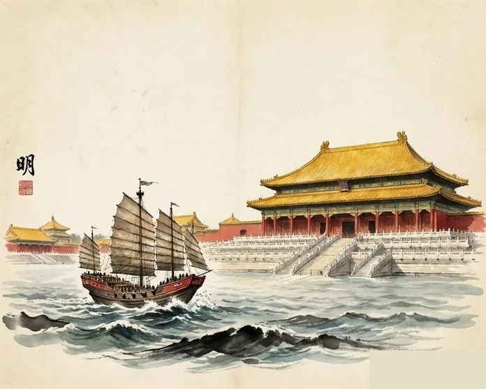 The Forbidden City and a treasure ship at sea, evoking the Ming Dynasty, in traditional ink-wash style