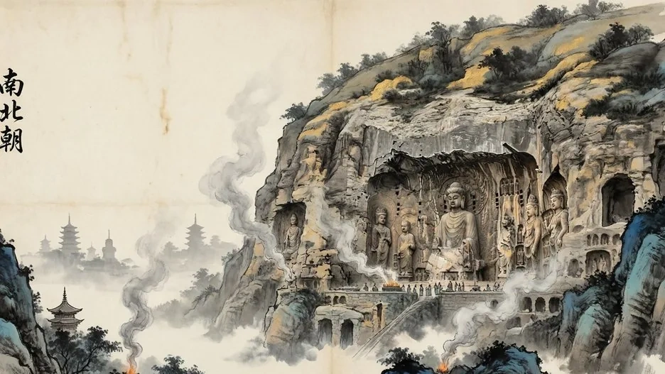 Misty river dividing a northern plain of horsemen from a southern landscape of scholars and temples, evoking the Northern and Southern Dynasties, in traditional Chinese ink painting style