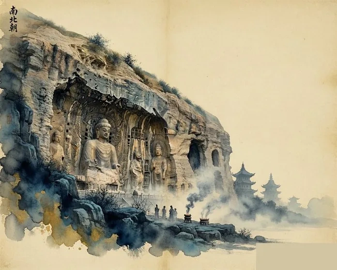 Colossal Buddha statues carved into a cliff face at the Yungang or Longmen grottoes, evoking the Buddhist art of the Northern and Southern Dynasties, in traditional ink-wash style