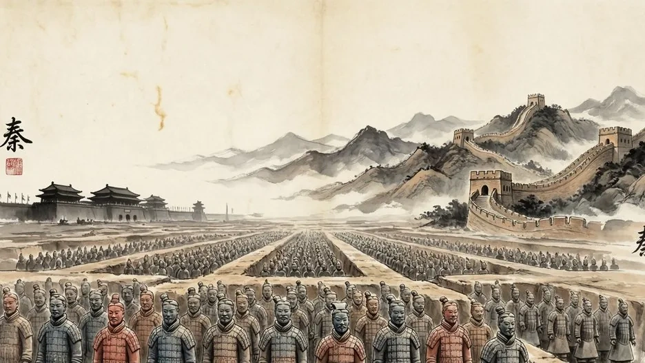 Terracotta warriors in formation before the Great Wall and an imperial palace, evoking the Qin Dynasty, in traditional Chinese ink painting style