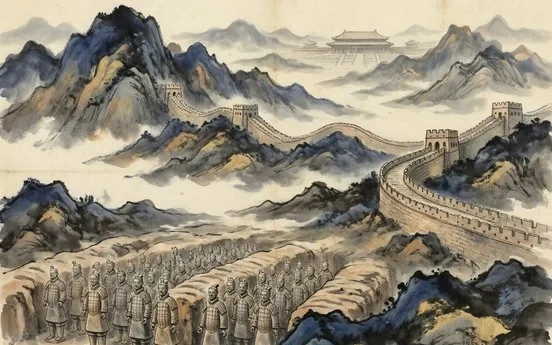 Ink-wash evocation of the Qin Dynasty: terracotta warriors and the Great Wall