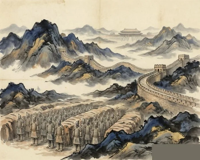 Rows of terracotta warriors before the Great Wall, evoking the Qin Dynasty, in traditional ink-wash style