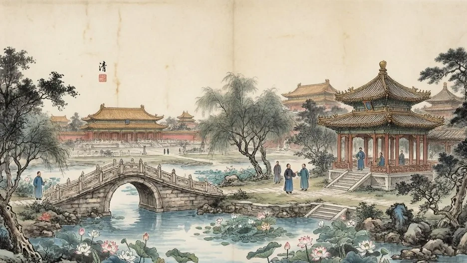 An imperial garden pavilion by a lotus pond, evoking the Qing Dynasty, in traditional Chinese ink painting style