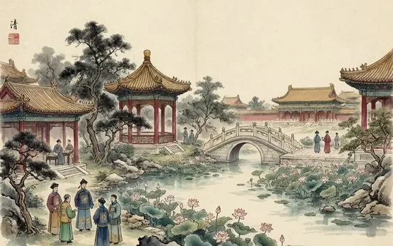 Ink-wash evocation of the Qing Dynasty: an imperial garden pavilion by a lotus pond
