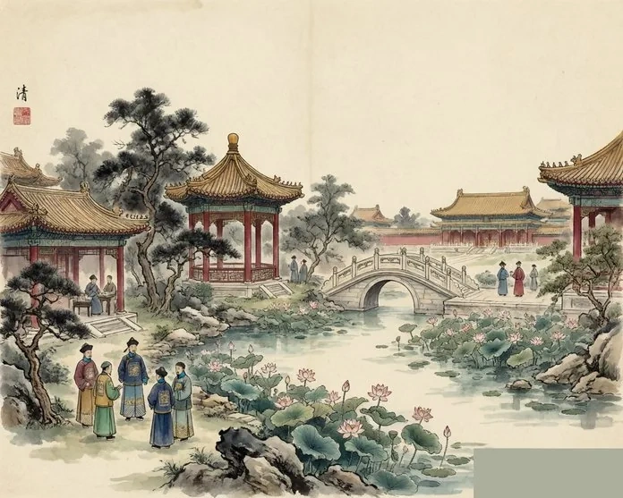 An imperial garden pavilion by a lotus pond, evoking the Qing Dynasty, in traditional ink-wash style