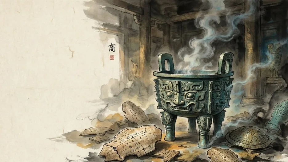 Shang bronze ritual ding vessels and inscribed oracle bones arranged before a palace, evoking the Shang Dynasty, in traditional Chinese ink painting style