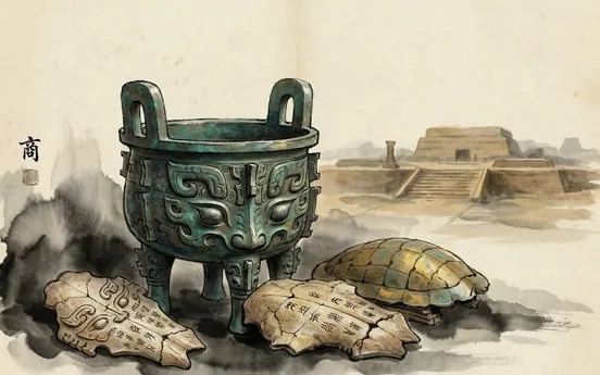 Ink-wash evocation of the Shang Dynasty: bronze ritual vessels and oracle bones