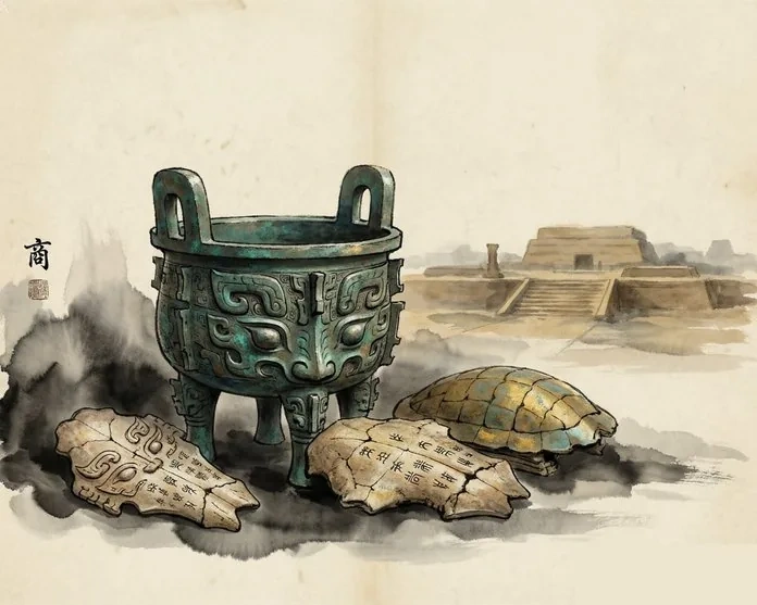 A Shang bronze ding vessel decorated with taotie masks beside inscribed oracle bones, evoking the Shang Dynasty, in traditional ink-wash style