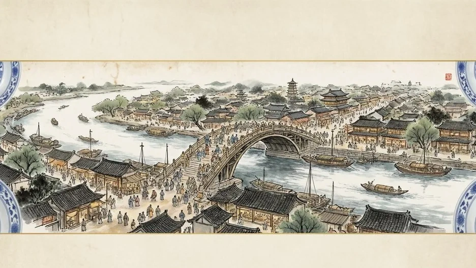 A riverside Song Dynasty city of tiled rooftops, boats, and a stone bridge, with celadon vessels and printed books in the foreground, in traditional Chinese ink painting style