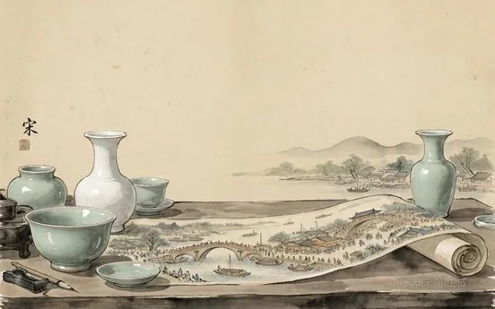 Ink-wash evocation of the Song Dynasty: celadon porcelain and a riverside scroll