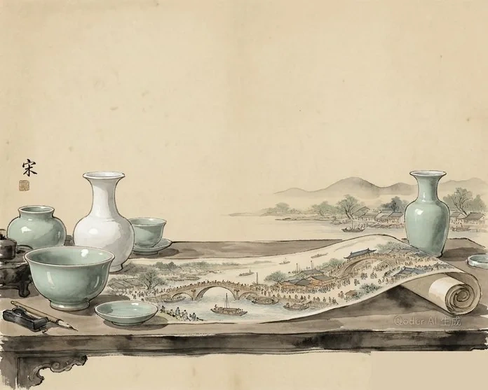 A bustling Song riverside market with boats, a stone bridge, merchants and teahouses, evoking Along the River During Qingming Festival, in traditional ink-wash style