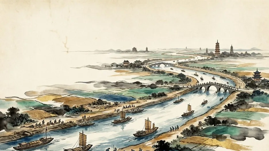 The Grand Canal winding past a great walled capital with barges and granaries, evoking the Sui Dynasty, in traditional Chinese ink painting style