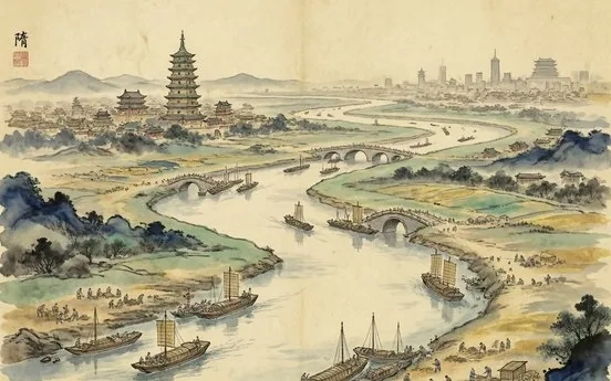Ink-wash evocation of the Sui Dynasty: the Grand Canal with barges and bridges