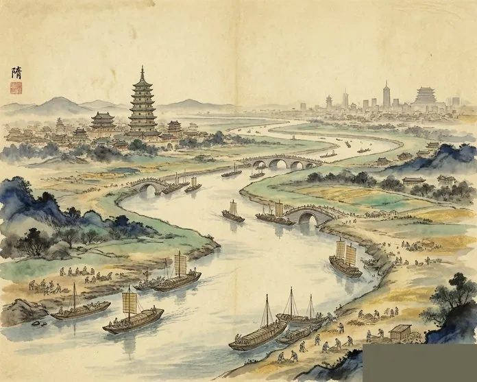 The Grand Canal crowded with grain barges linking the Yangtze and Yellow River basins, with the Sui capital in the distance, in traditional ink-wash style