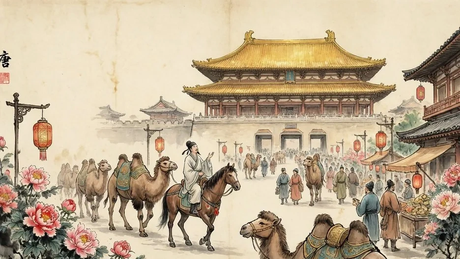An imagined Tang Chang'an with palace avenues, pagodas and Silk Road travelers
