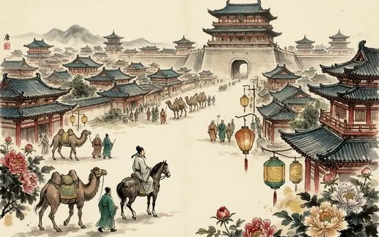 Ink-wash evocation of the Tang Dynasty: a cosmopolitan capital with camels and peonies