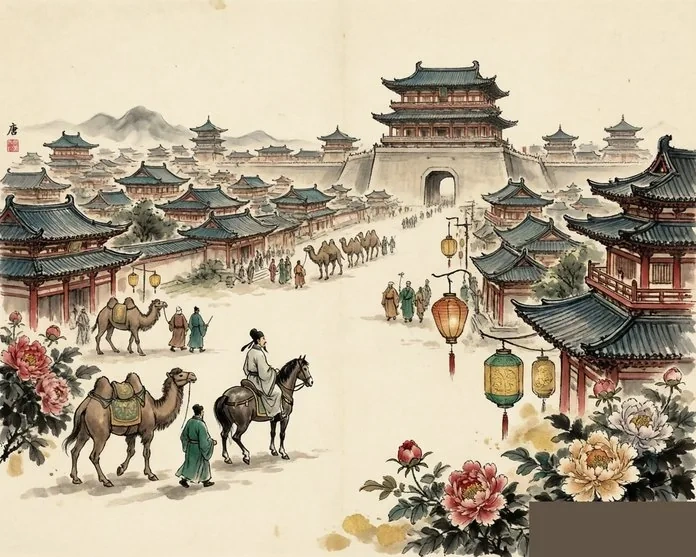 A Tang-era scene of poets, musicians, and merchants mingling in the cosmopolitan capital, with Silk Road caravans in the distance, in traditional Chinese painting style
