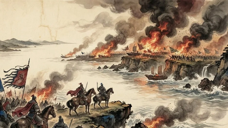 War banners and burning ships on a great river before towering cliffs, evoking the Battle of Red Cliffs and the Three Kingdoms era, in traditional Chinese ink painting style
