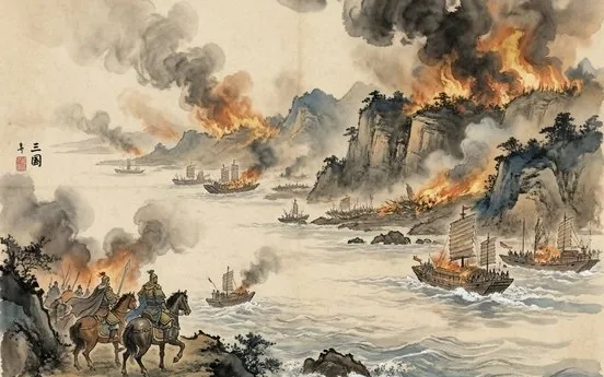 Ink-wash evocation of the Three Kingdoms: rival banners over a river battlefield