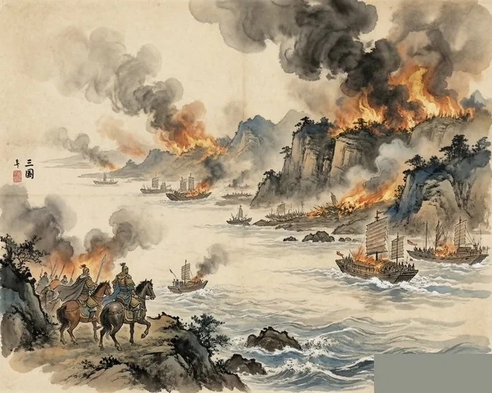 Burning warships chained together on the Yangtze beneath a night sky lit by flame, evoking the Battle of Red Cliffs, in traditional ink-wash style