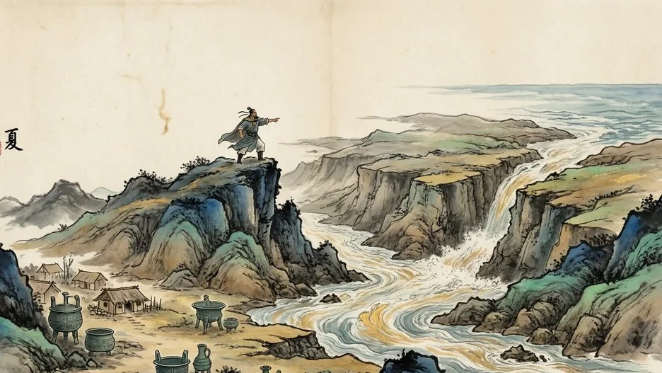Yu the Great taming the floods with workers and rivers beneath a vast sky, evoking the Xia Dynasty, in traditional Chinese ink painting style