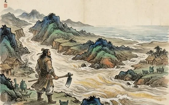 Ink-wash evocation of the Xia Dynasty: Yu the Great taming the floodwaters