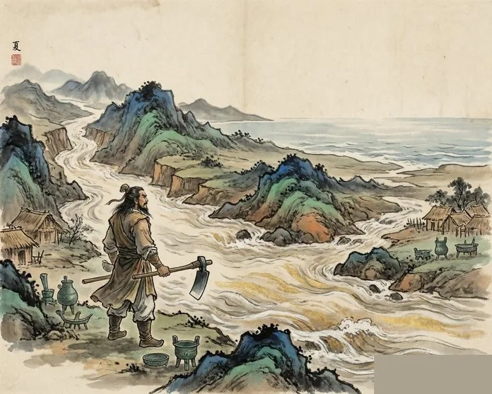 Yu the Great with workers channeling floodwaters through cut channels toward the sea, evoking the Xia Dynasty, in traditional ink-wash style