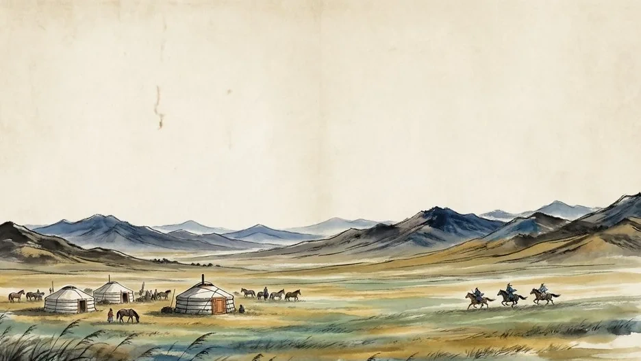 Mongol horsemen and a grand Yuan palace at Dadu with caravans of the Silk Road in the distance, in traditional Chinese ink painting style