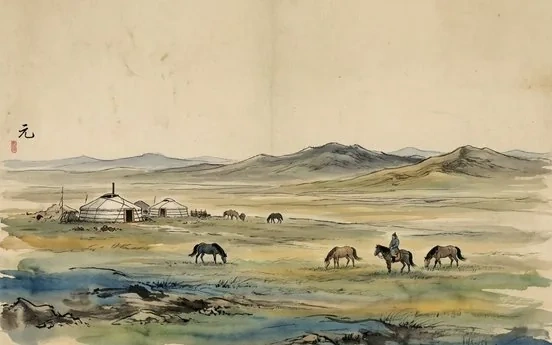 Ink-wash evocation of the Yuan Dynasty: horsemen and yurts on the open steppe