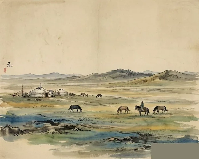 A Silk Road caravan of camels and horsemen approaching the great walls of Yuan Dadu, in traditional ink-wash style