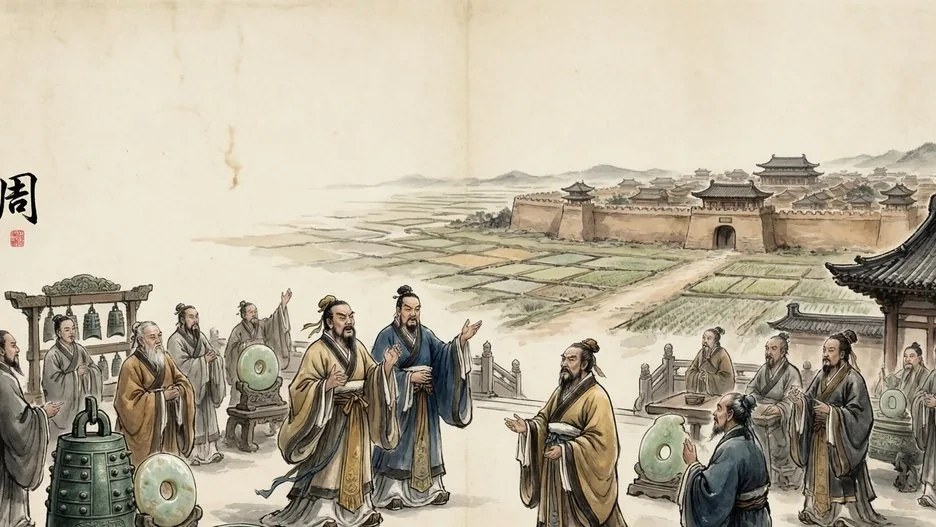Bronze ritual vessels, feudal lords, and scholars debating beneath ancient pines, evoking the Zhou Dynasty, in traditional Chinese ink painting style