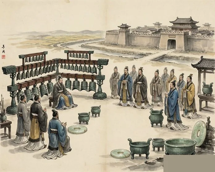 Bronze ding cauldrons and scholars in debate beneath ancient trees, evoking the ritual order and philosophy of the Zhou Dynasty, in traditional ink-wash style