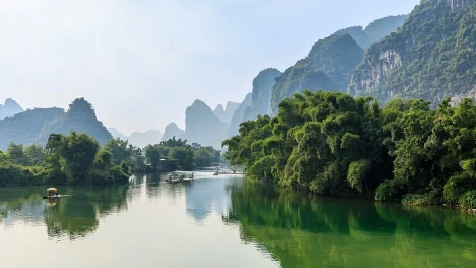 The Li River winding between karst peaks near Guilin at dawn