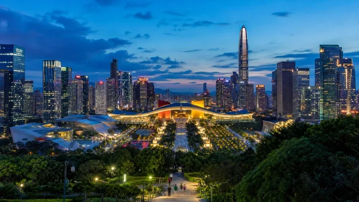 Shenzhen Civic Center and Futian skyline from Lianhuashan Park