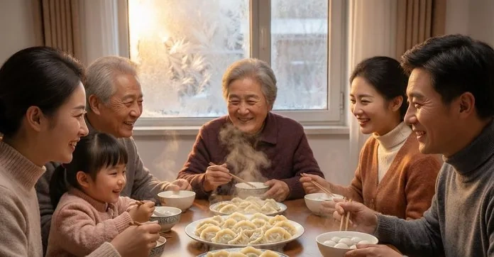 A family gathered around a table of steaming dumplings and tangyuan to celebrate the Winter Solstice