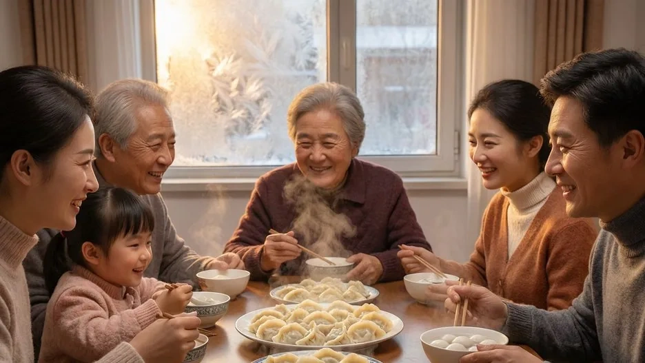 A warm family kitchen with steaming dumplings and tangyuan on the table during Winter Solstice evening