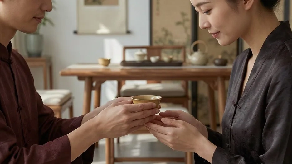 Two people exchanging a respectful greeting, one offering a tea cup with both hands in a warmly lit Chinese interior