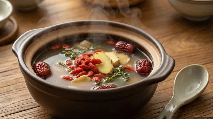 A traditional Chinese herbal soup in a clay pot